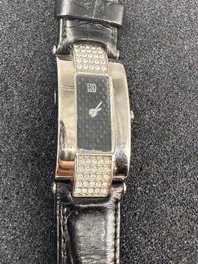 ESQ Watch Women Silver Tone Crystal Accents Black Leather Band New Battery